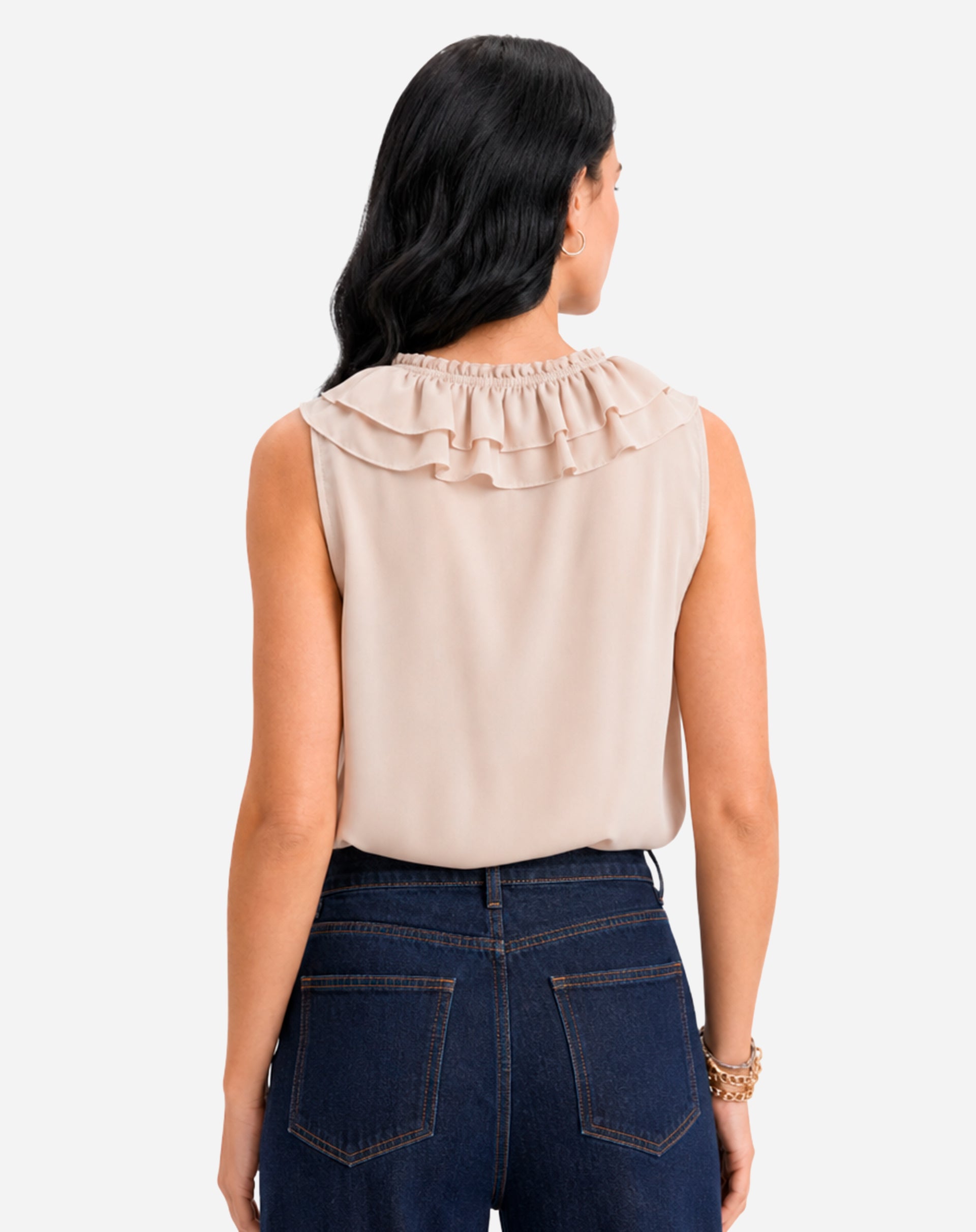 Blusa com Gola de Babados - Bege
