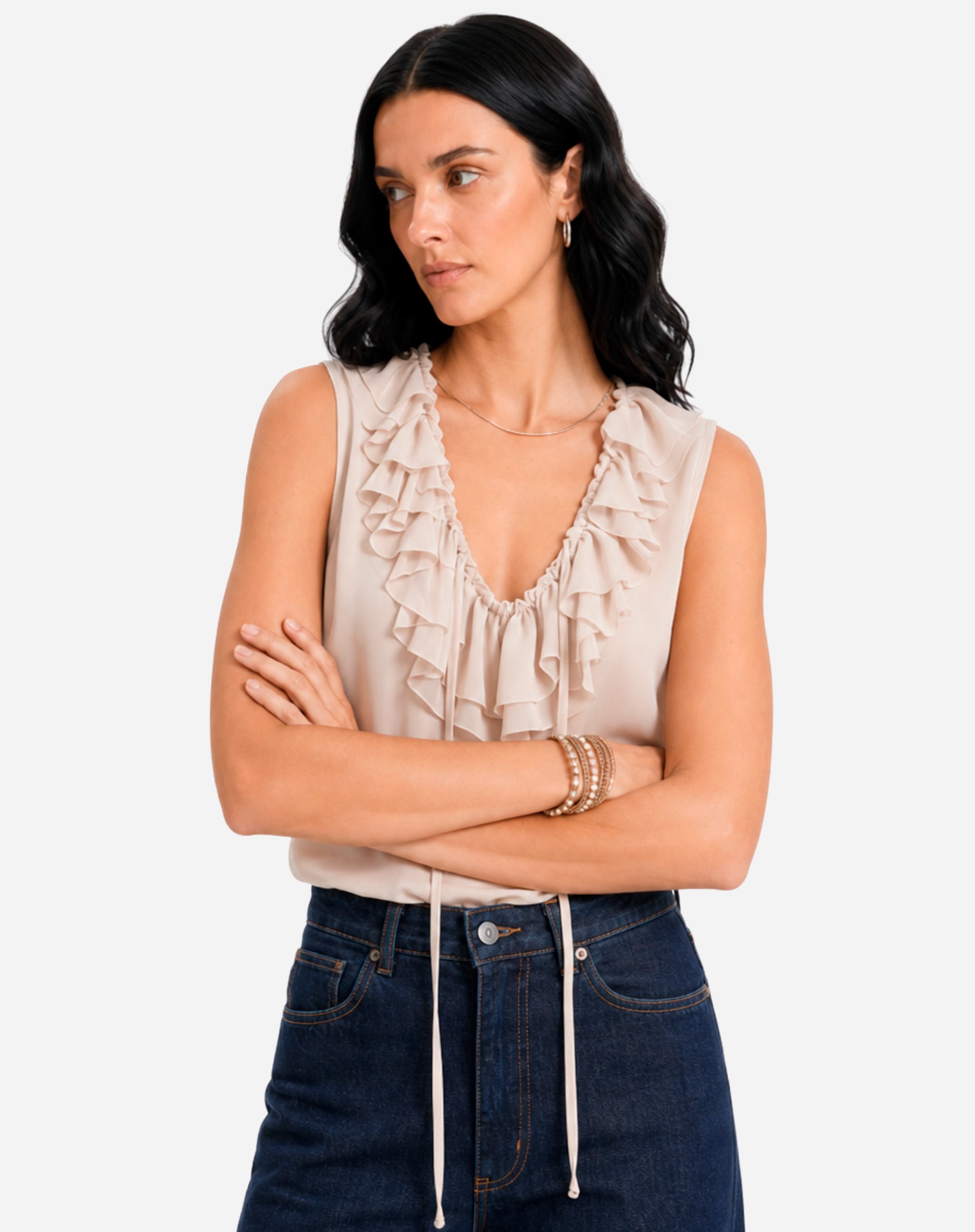 Blusa com Gola de Babados - Bege