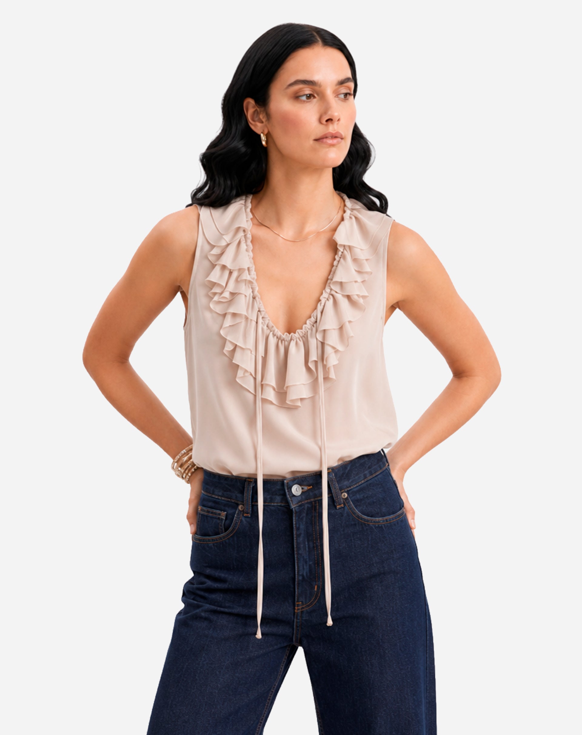 Blusa com Gola de Babados - Bege