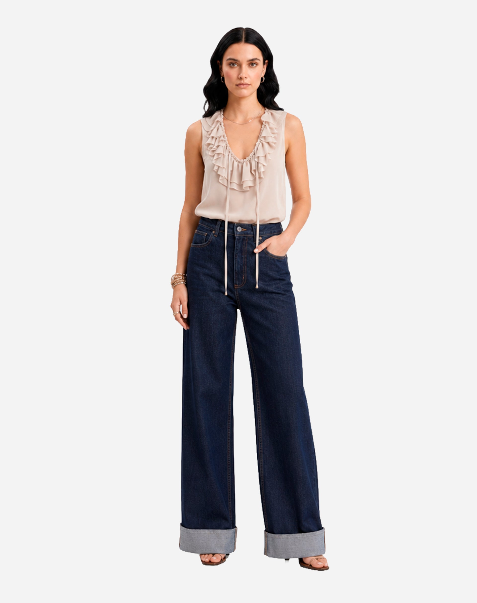 Blusa com Gola de Babados - Bege