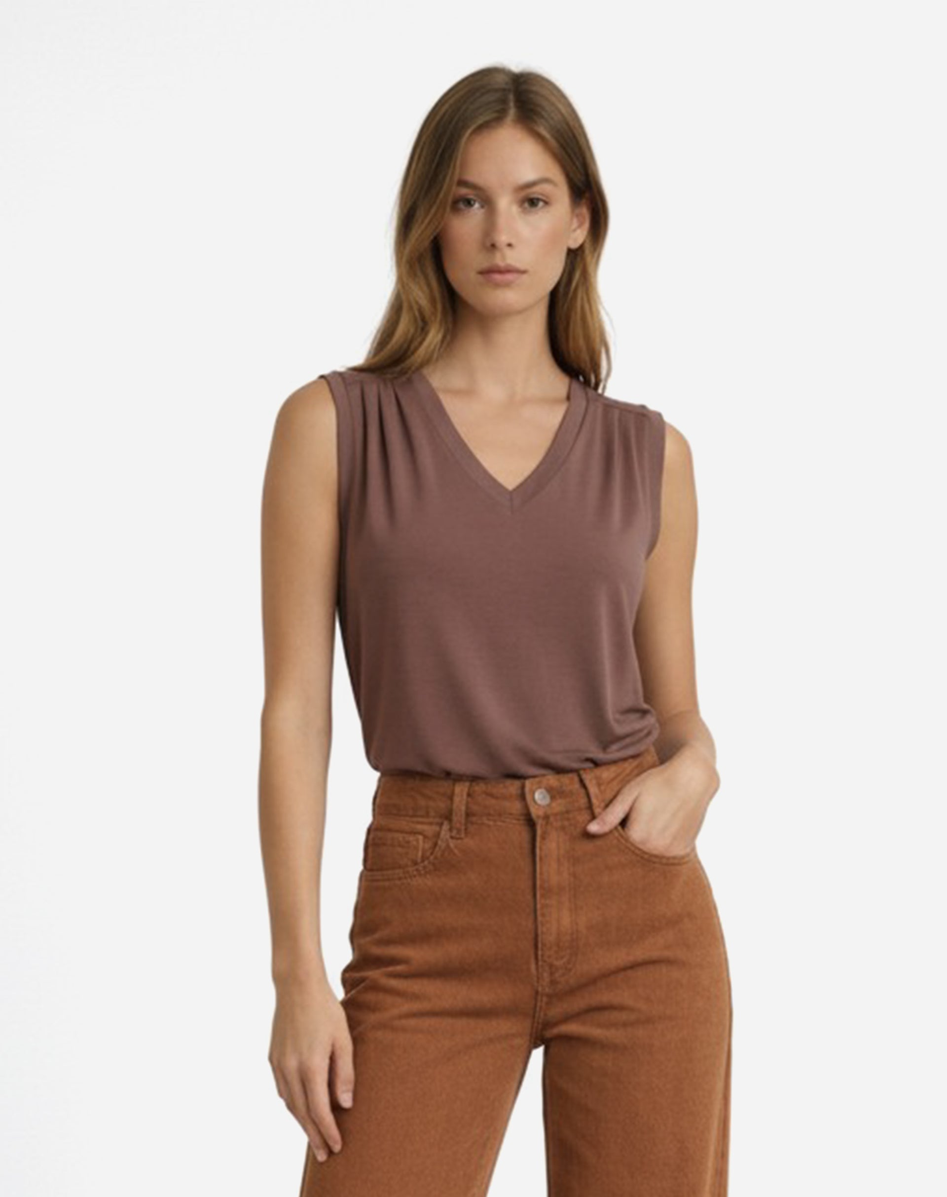 Blusa Decote V de Malha - Marrom