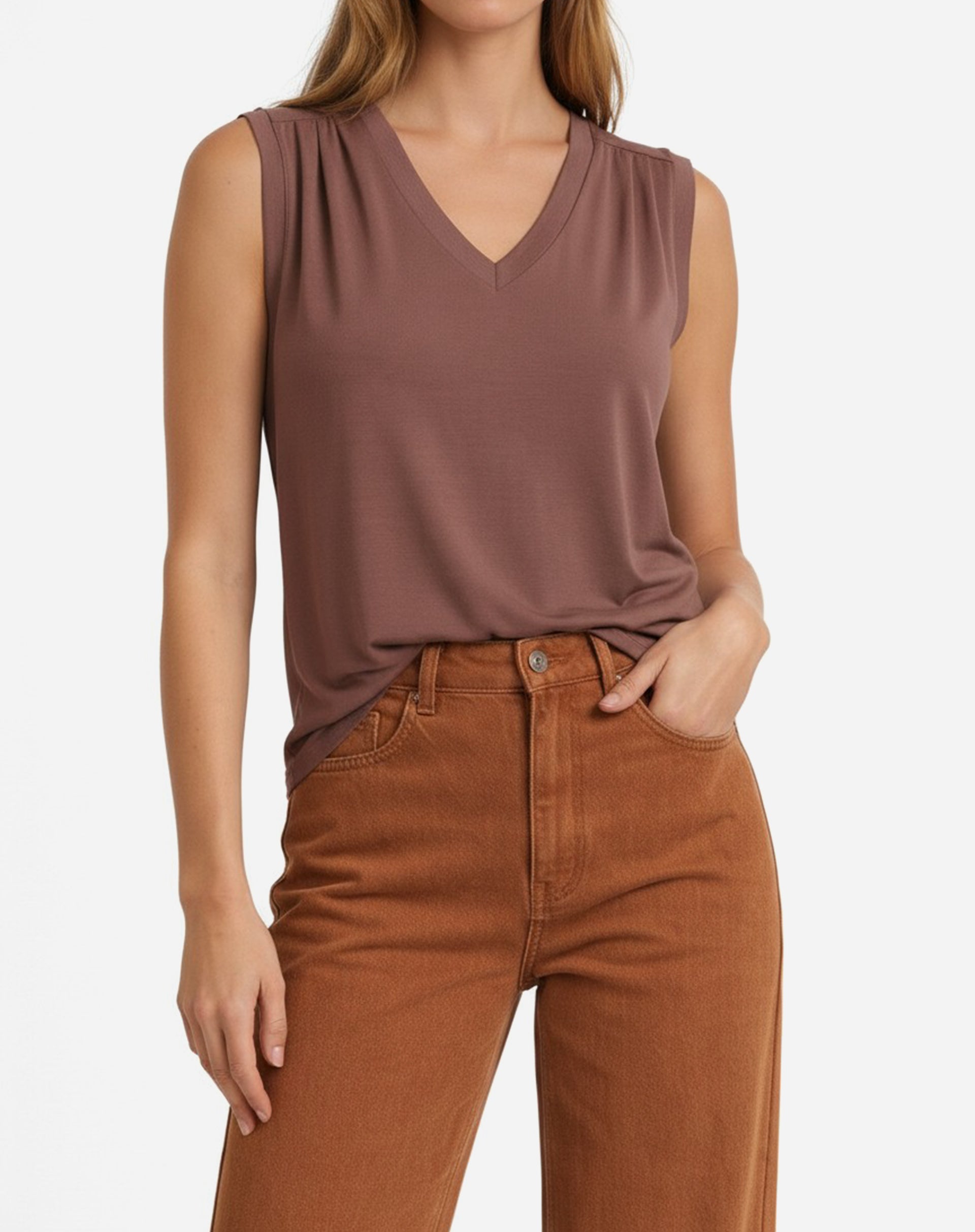 Blusa Decote V de Malha - Marrom
