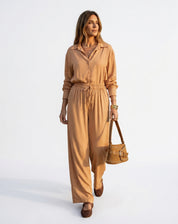 Calça Wide Leg de Viscose - Ocre