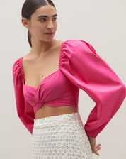 TOP CROPPED DE MANGA COMPRIDA E TORÇÃO NO DECOTE - ROSA