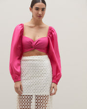 TOP CROPPED DE MANGA COMPRIDA E TORÇÃO NO DECOTE - ROSA