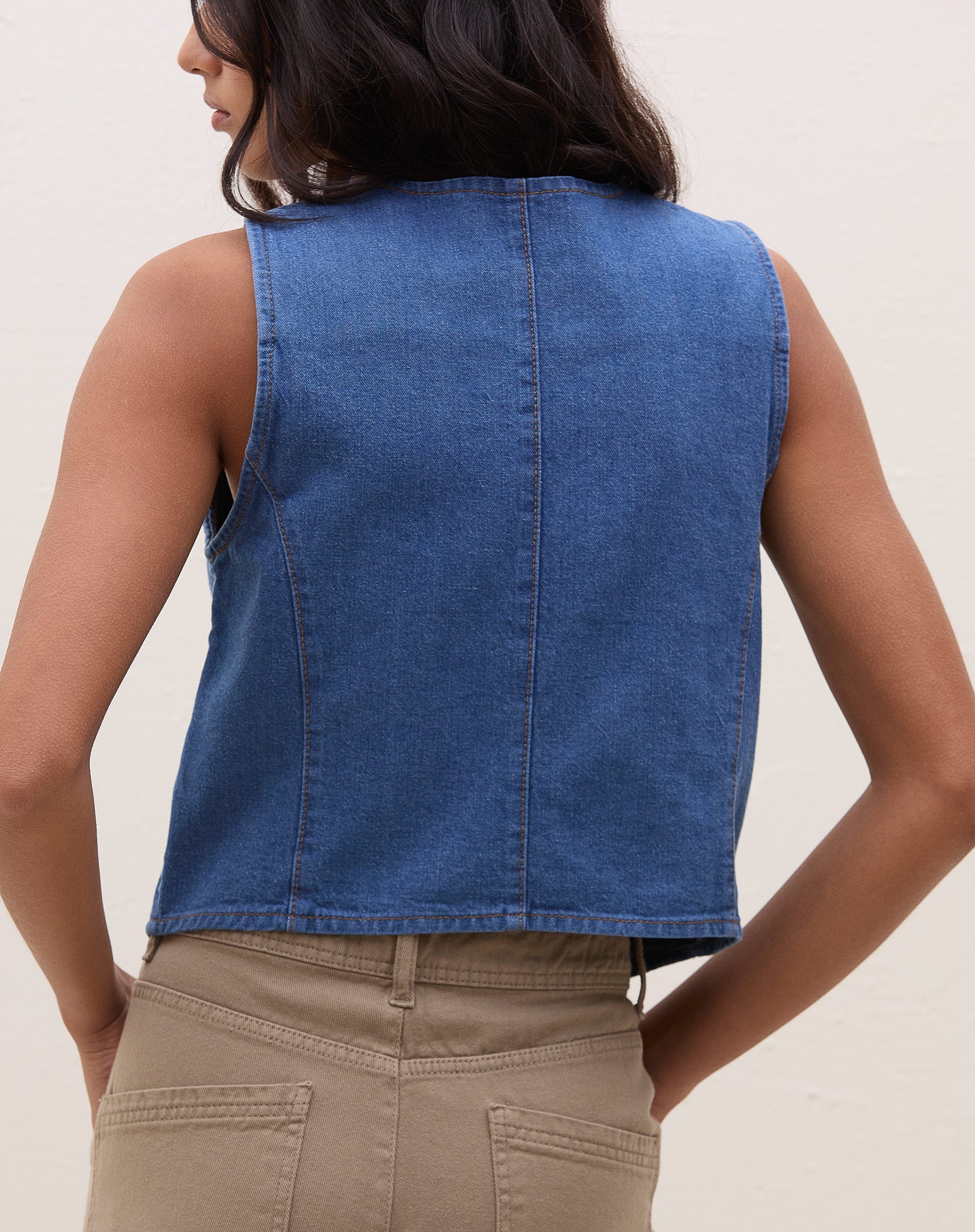 Colete Decote V Jeans - Azul Médio