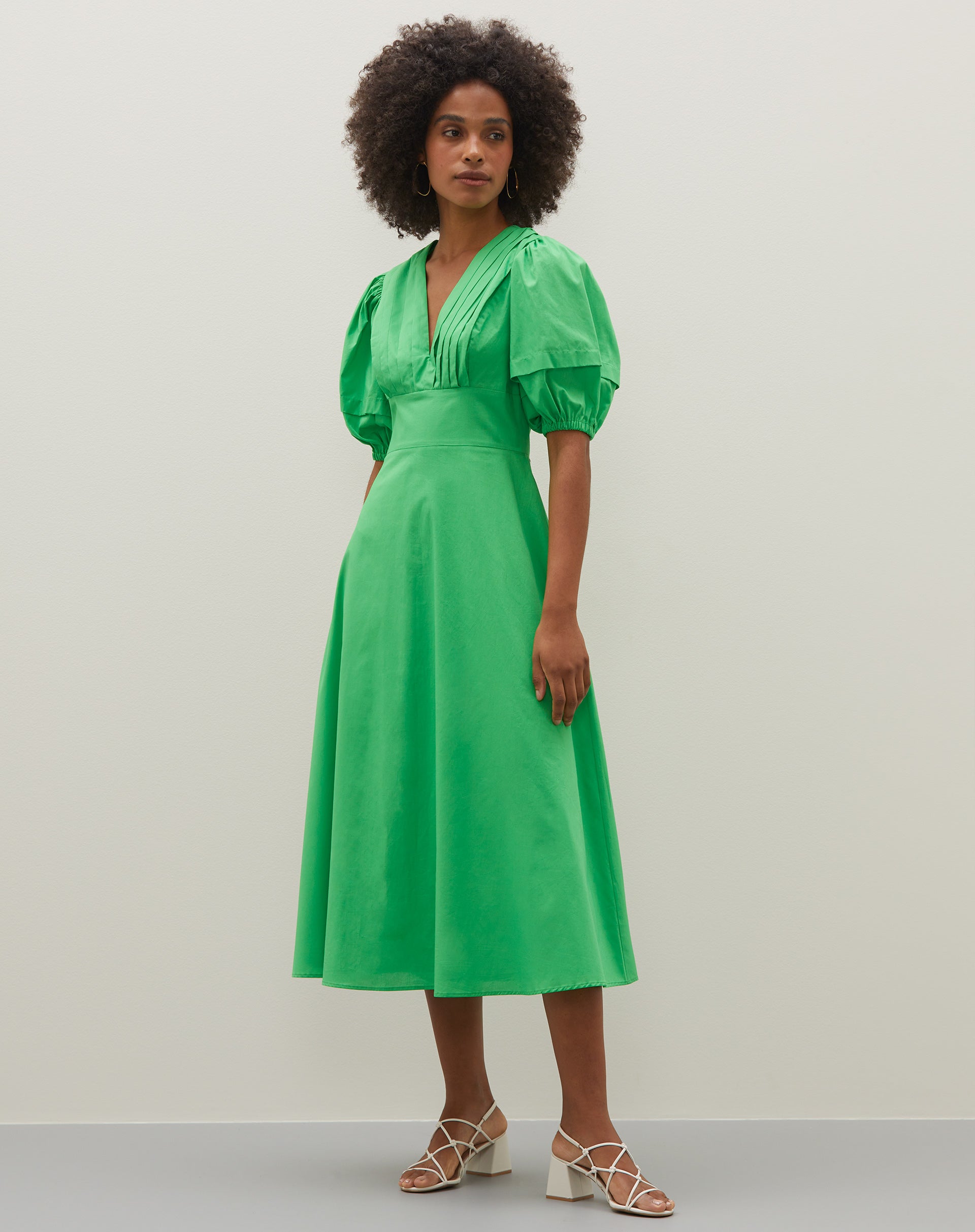 Vestido Midi Evasê Manga Balonê - Verde