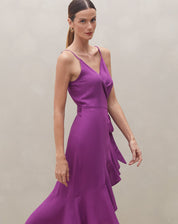 VESTIDO MIDI TRANSPASSADO COM BABADO  - ROXO