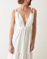 Vestido Longo Decotado com  Amarração na Alça - Off-white