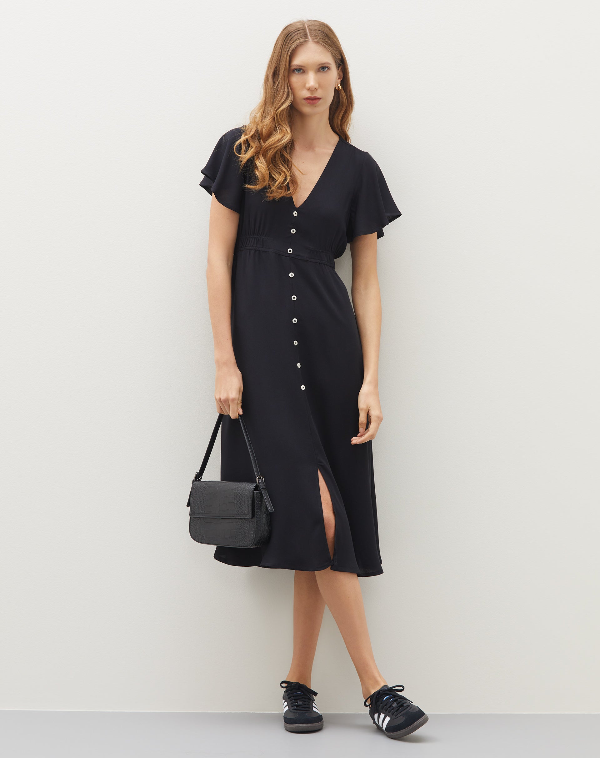 Vestido Midi Decote V de Viscose - Preto