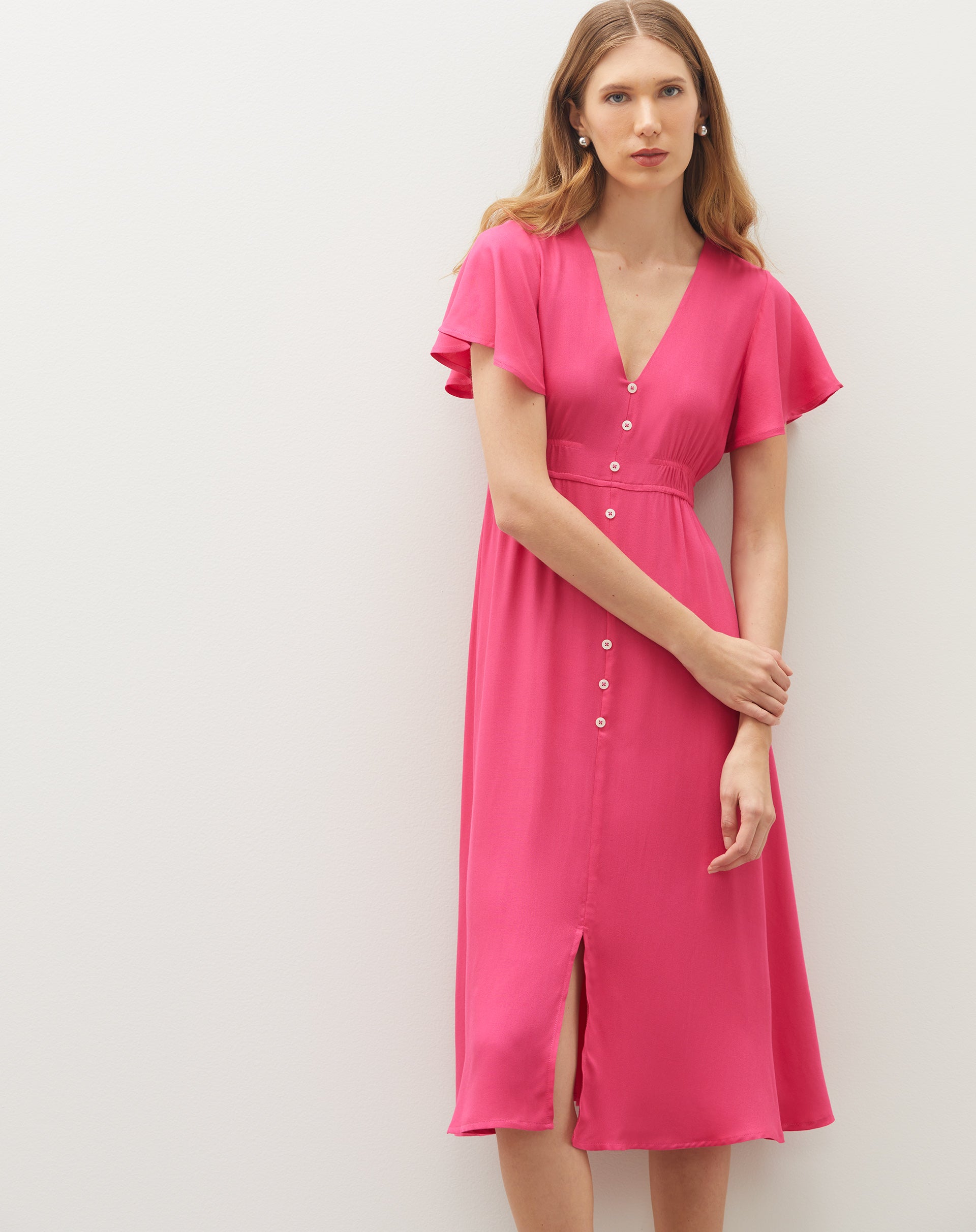 Vestido Midi Decote V de Viscose - Pink