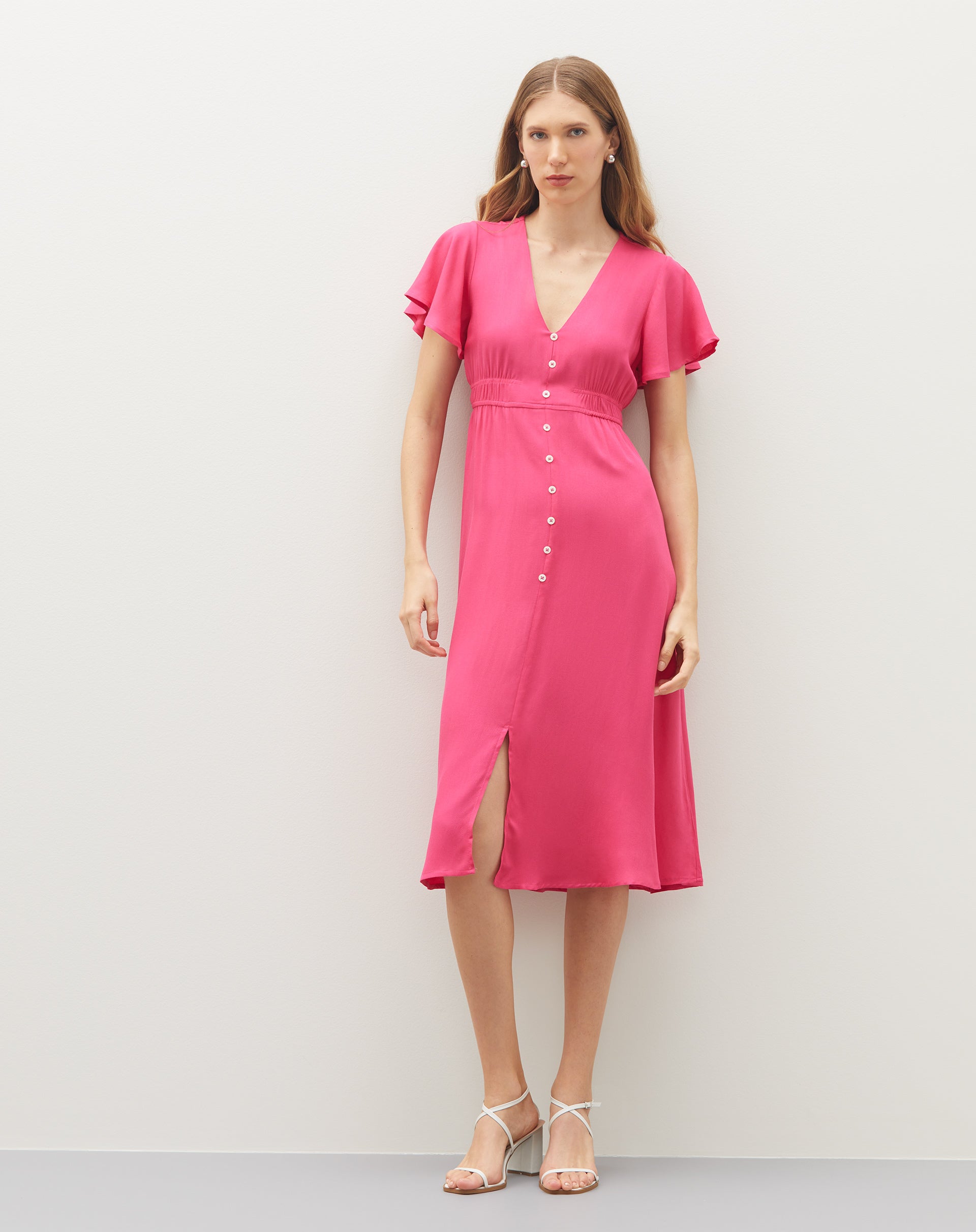 Vestido Midi Decote V de Viscose - Pink