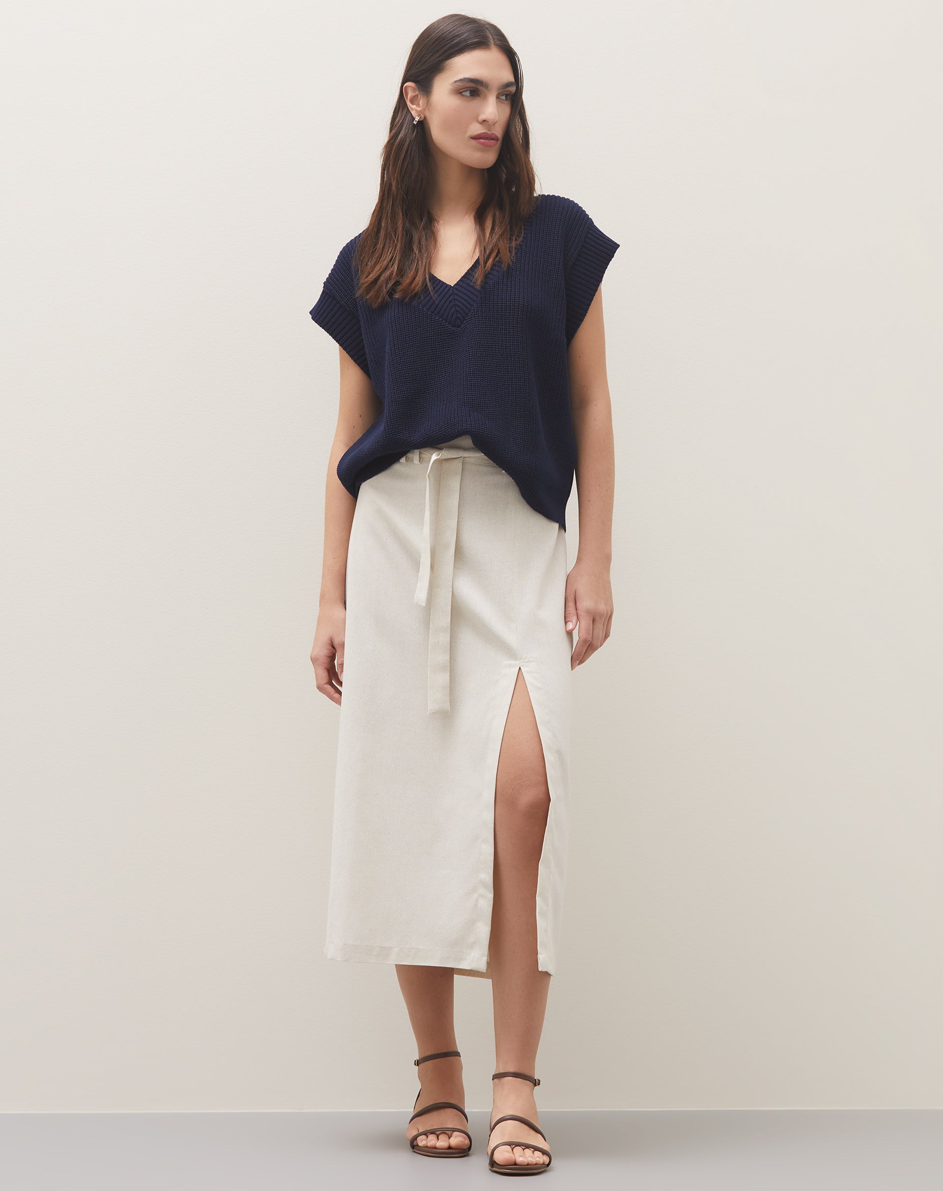 Saia Midi de Linho com Fenda - Bege