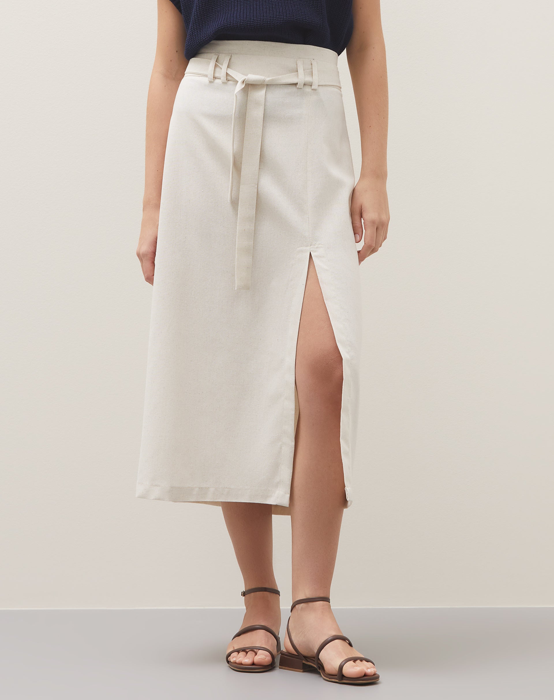 Saia Midi de Linho com Fenda - Bege