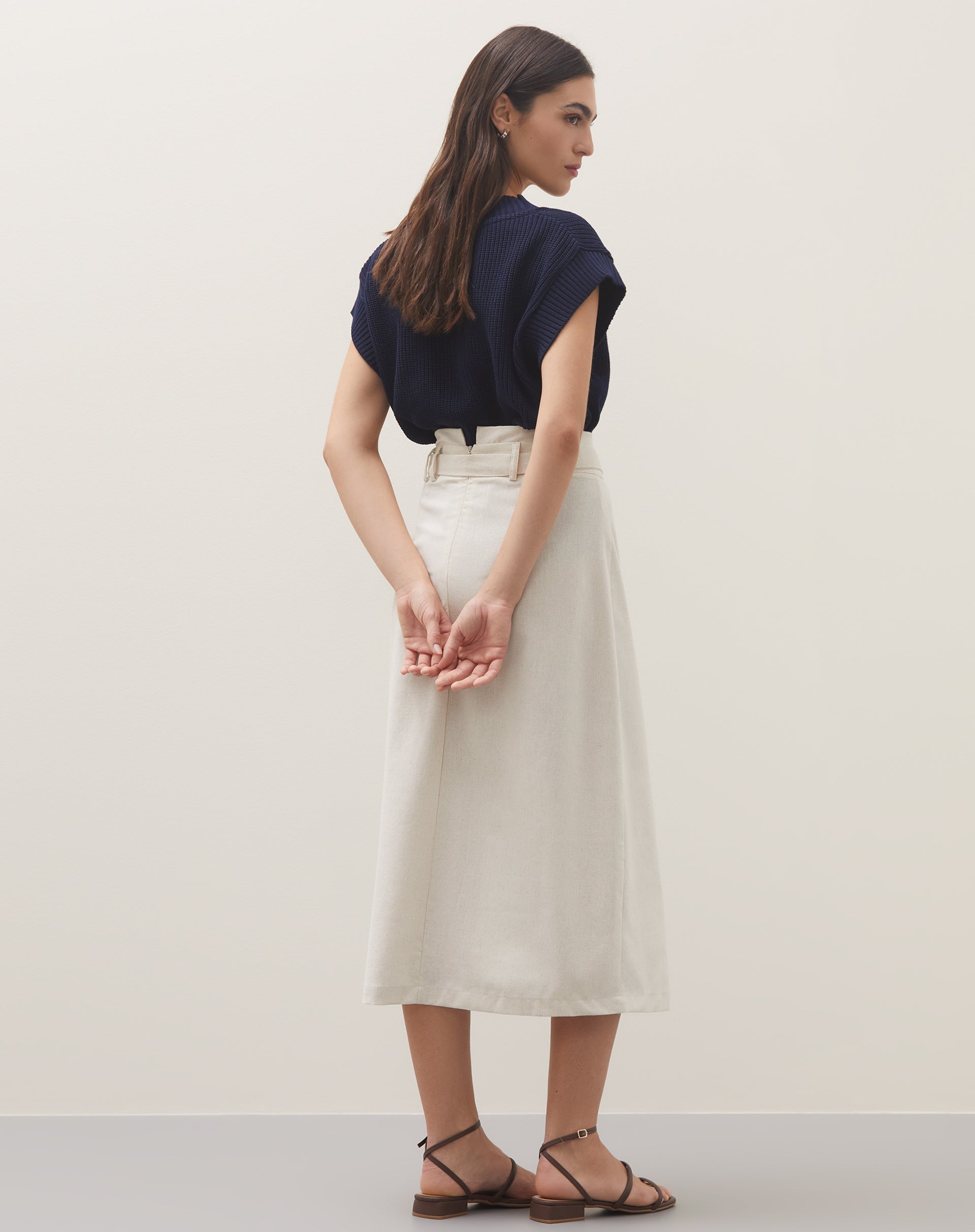 Saia Midi de Linho com Fenda - Bege