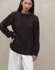 Suéter Manga Longa de Tricot Trançado - Marrom