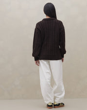 Suéter Manga Longa de Tricot Trançado - Marrom