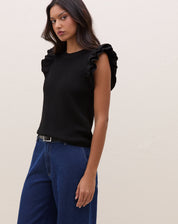 Blusa de Tricot com Manga de Babados  - Preto