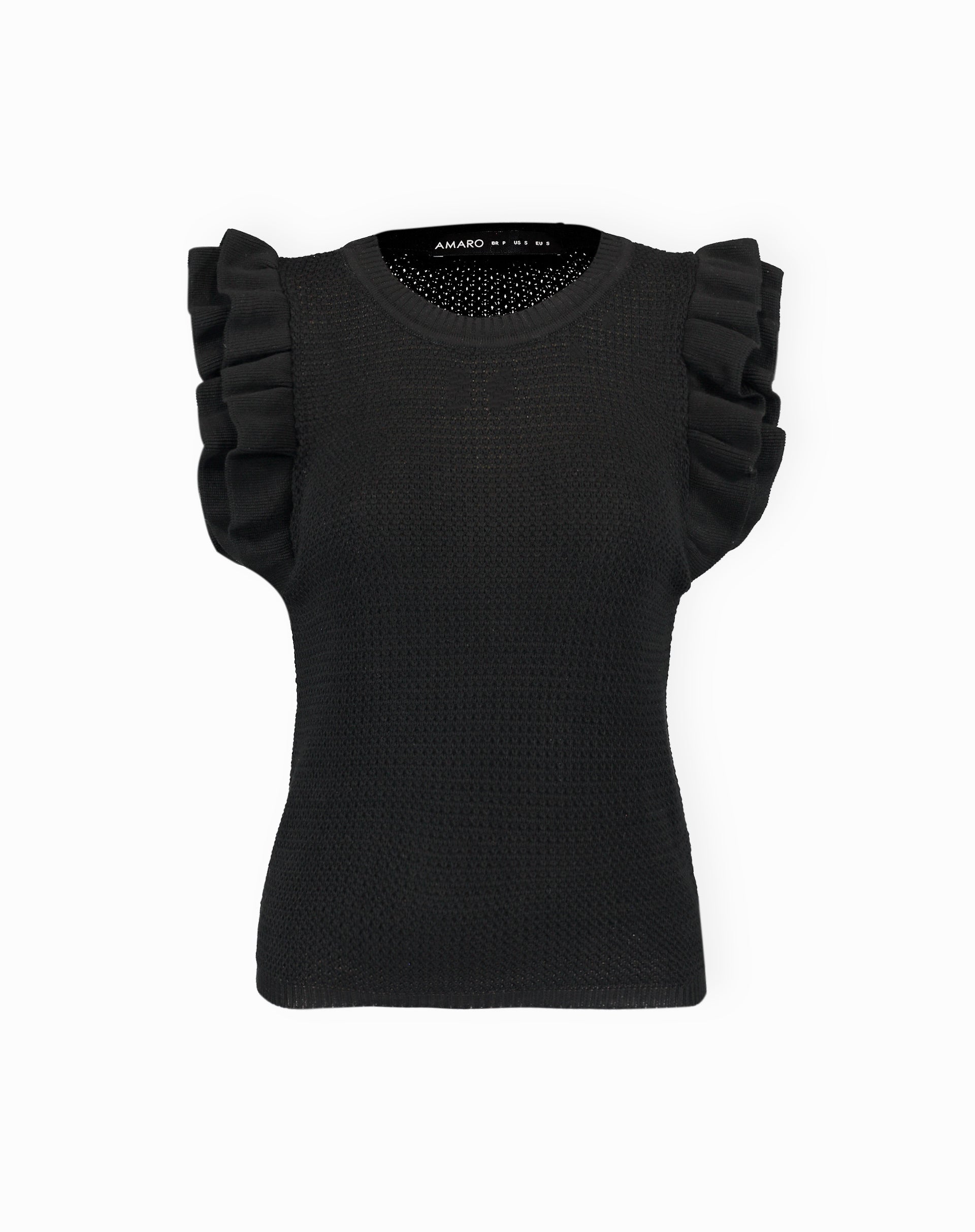 Blusa de Tricot com Manga de Babados  - Preto