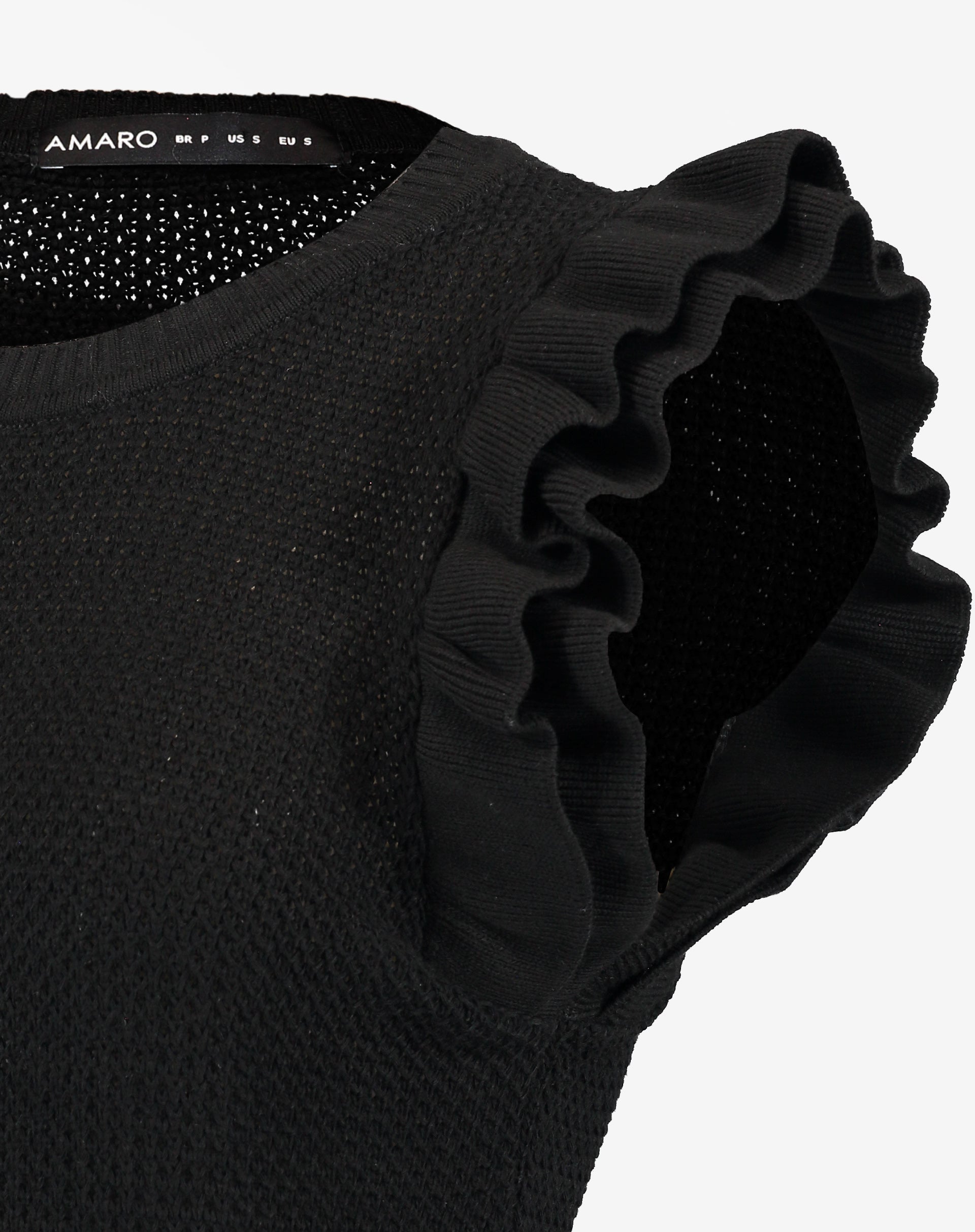 Blusa de Tricot com Manga de Babados  - Preto