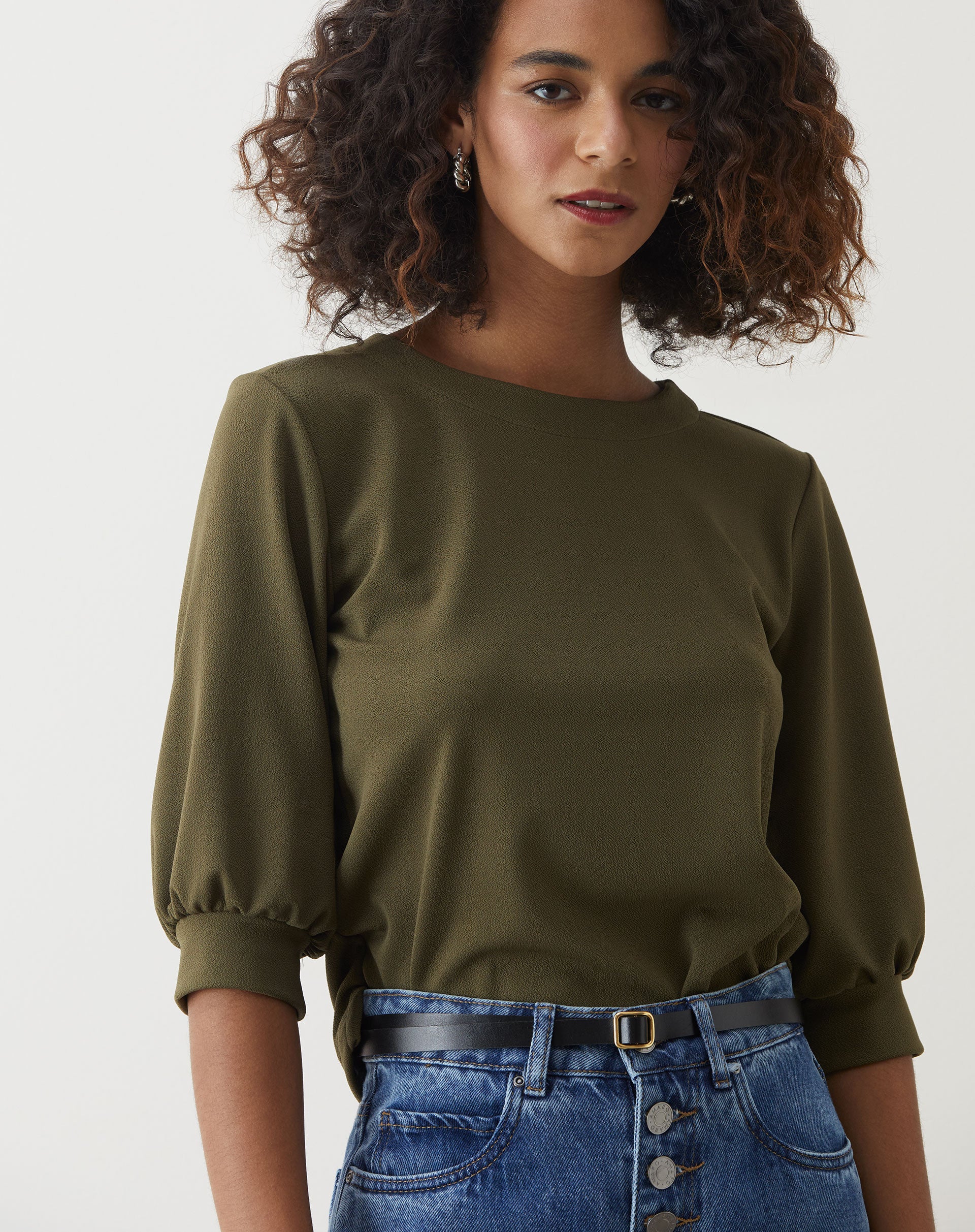 Blusa Decote Redondo Manga 3/4 Bufante - Verde Militar