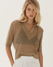 Blusa Polo de Tricot Telado - Caqui