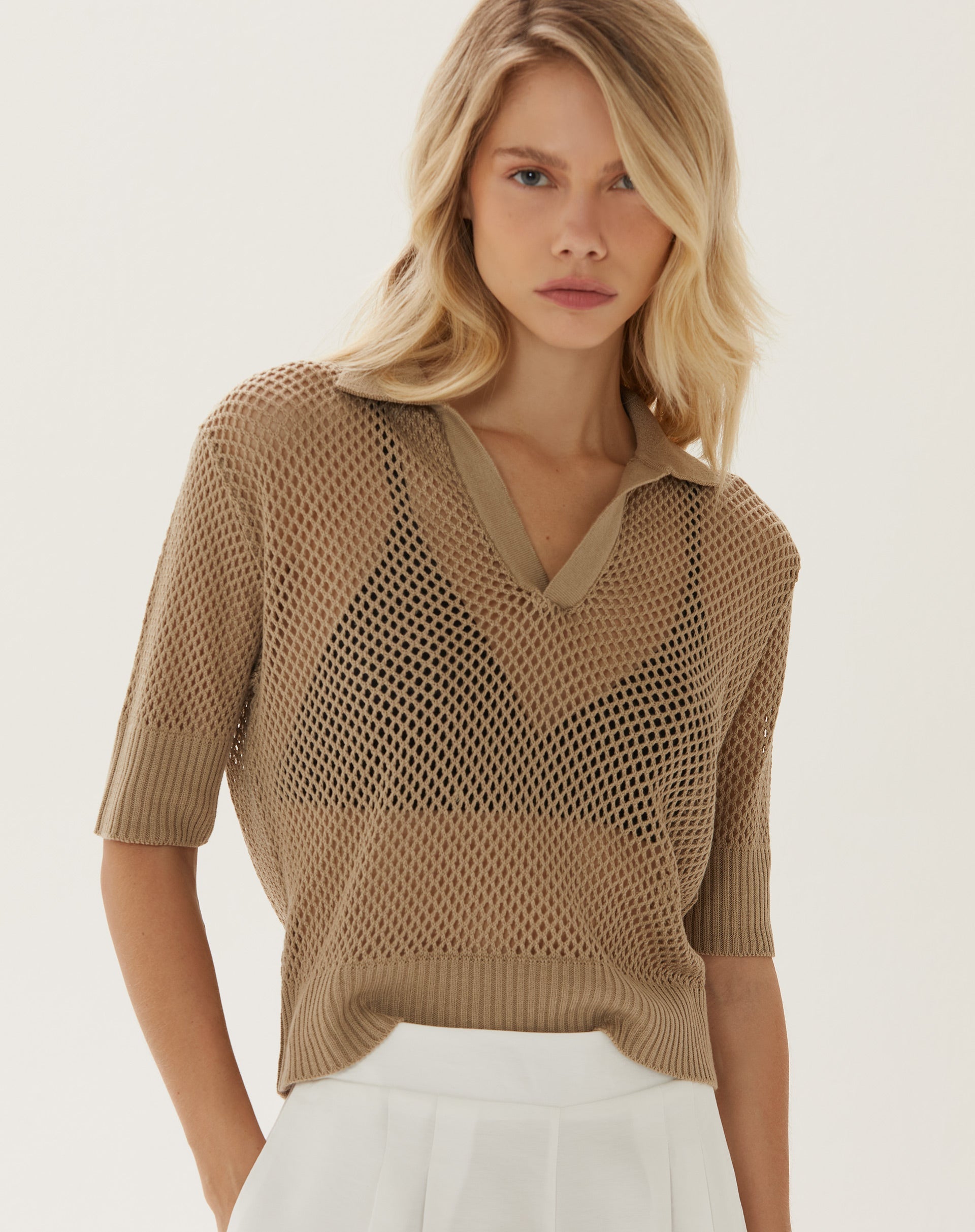 Blusa Polo de Tricot Telado - Caqui