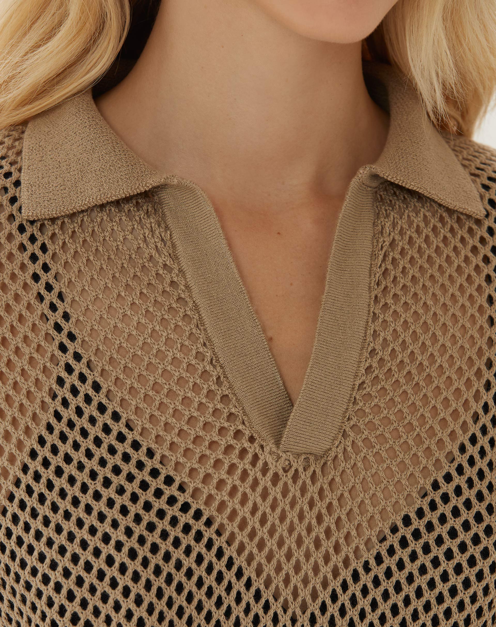 Blusa Polo de Tricot Telado - Caqui