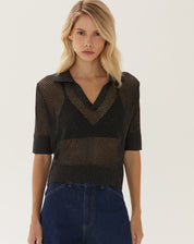 Blusa Polo de Tricot Telado - Chumbo