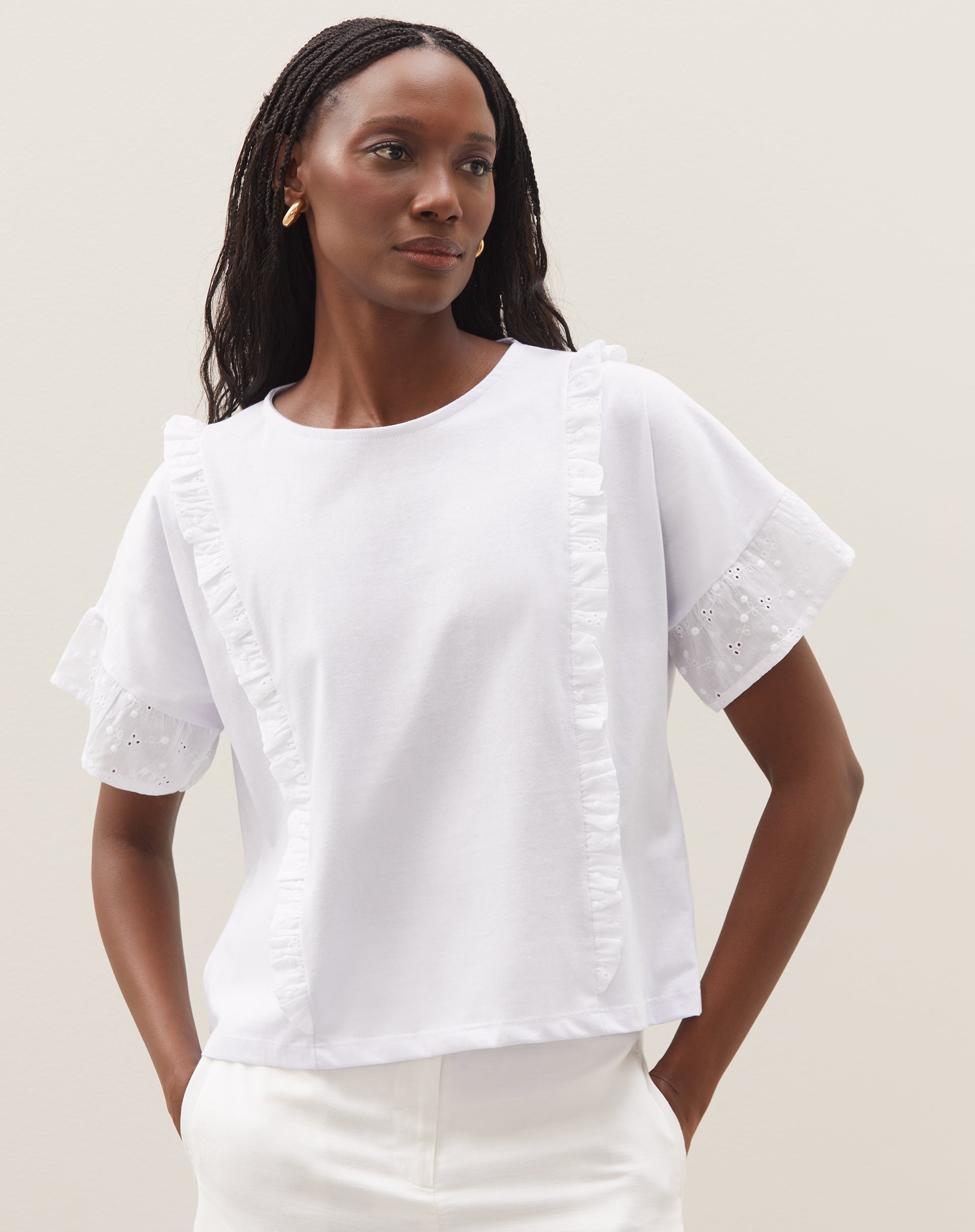 Camiseta Oversized com Babado de Laise - Branco