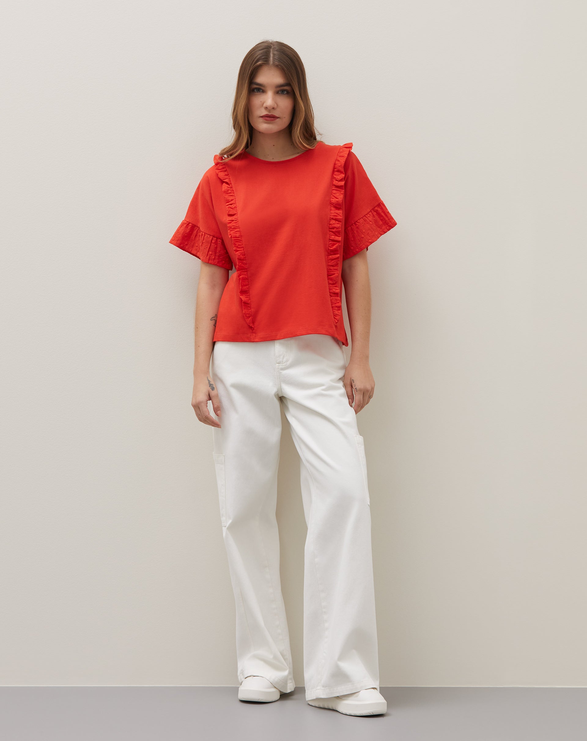 Camiseta Oversized com Babado de Laise - Vermelho