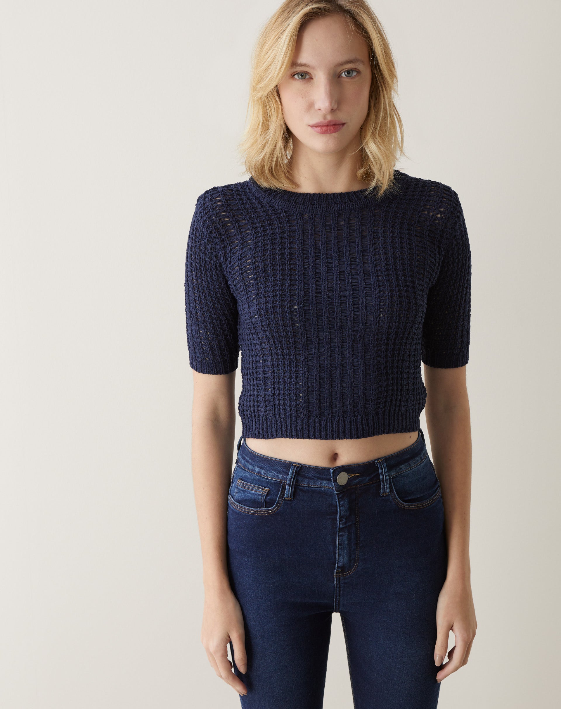 Blusa Cropped de Trico - Azul Marinho