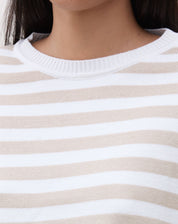 Camiseta Cropped de Tricot Listrada - Off-white e Bege