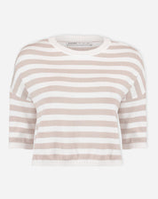 Camiseta Cropped de Tricot Listrada - Off-white e Bege