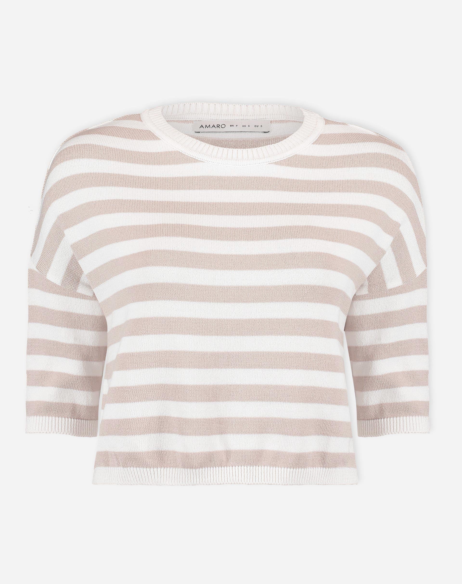 Camiseta Cropped de Tricot Listrada - Off-white e Bege
