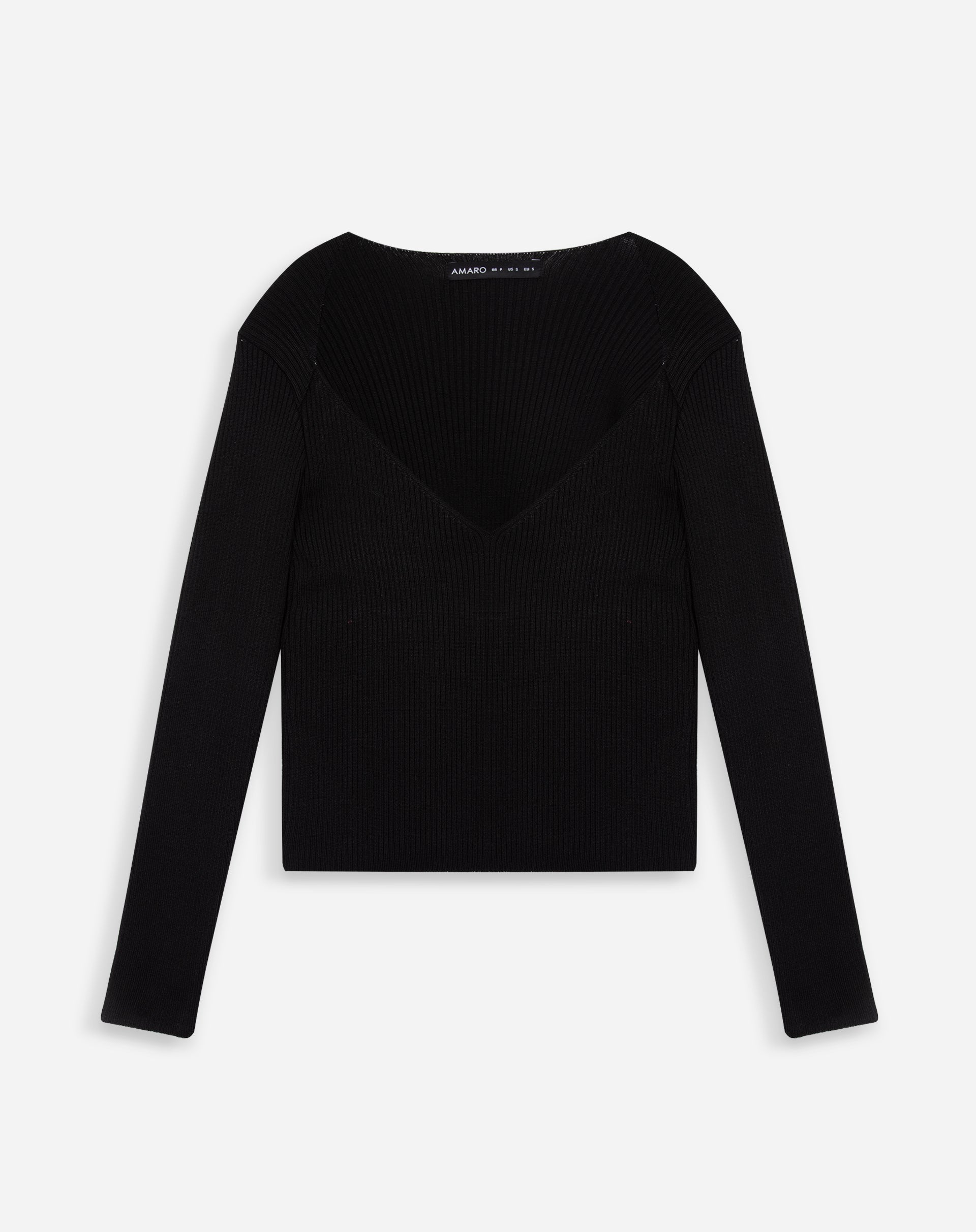 Blusa Decote V de Tricot Manga Longa - Preto