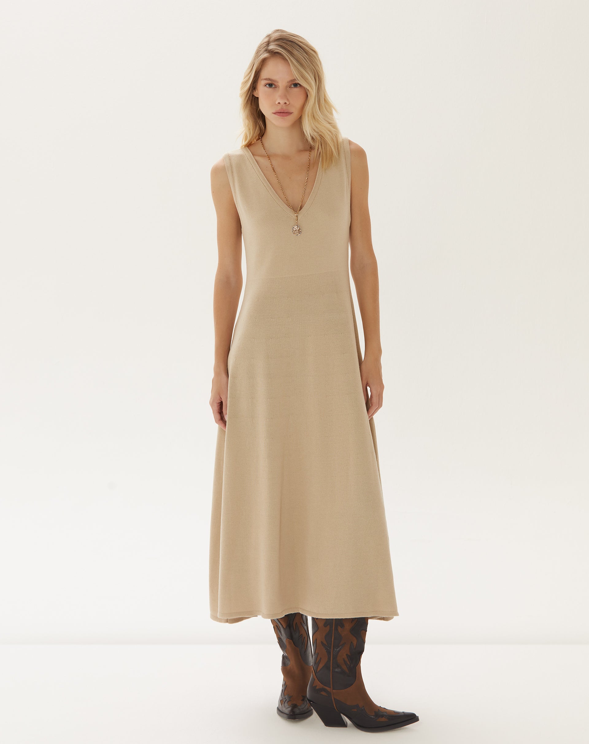 Vestido Midi de Tricot - Caqui