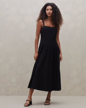Vestido Midi de Alça com Saia Franzida - Preto