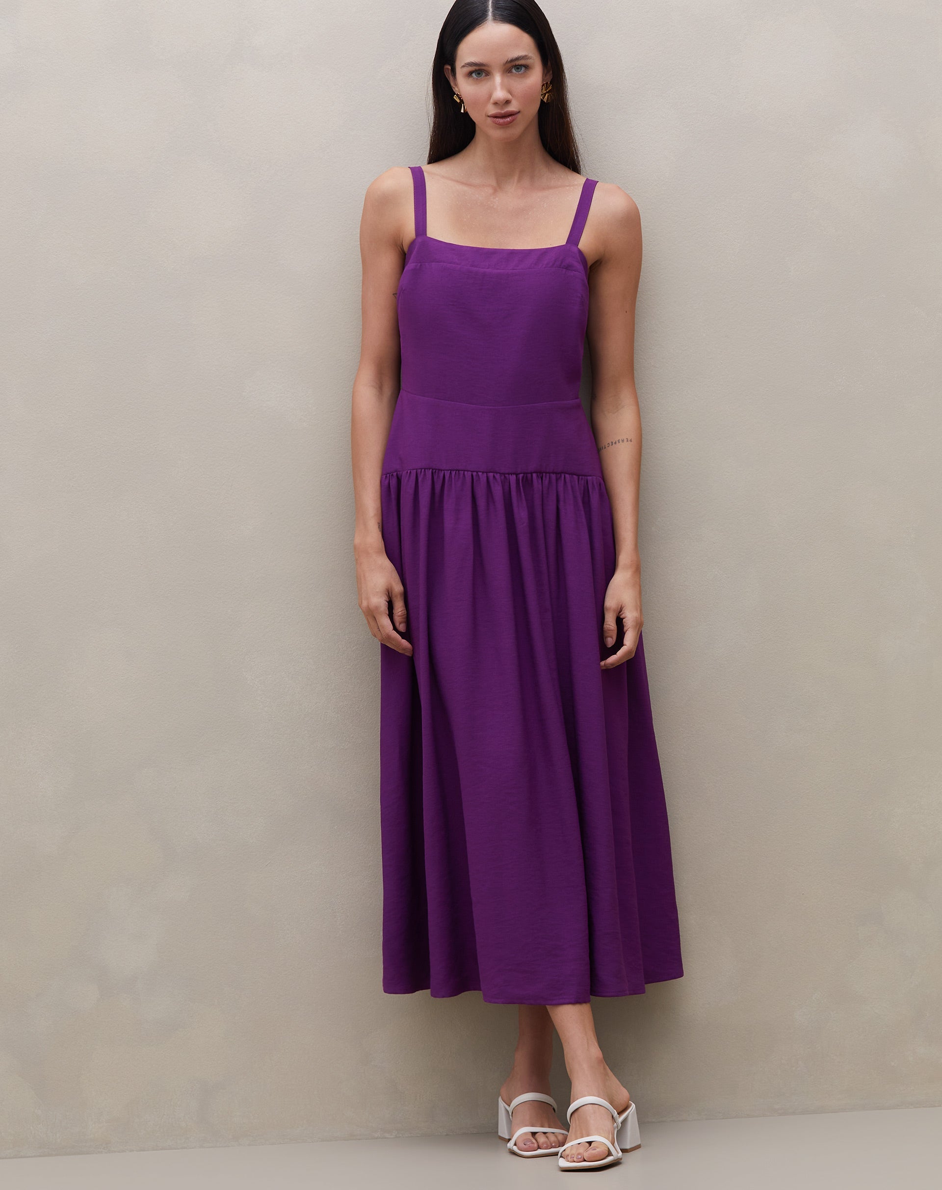 Vestido Midi de Alça com Saia Franzida - Roxo