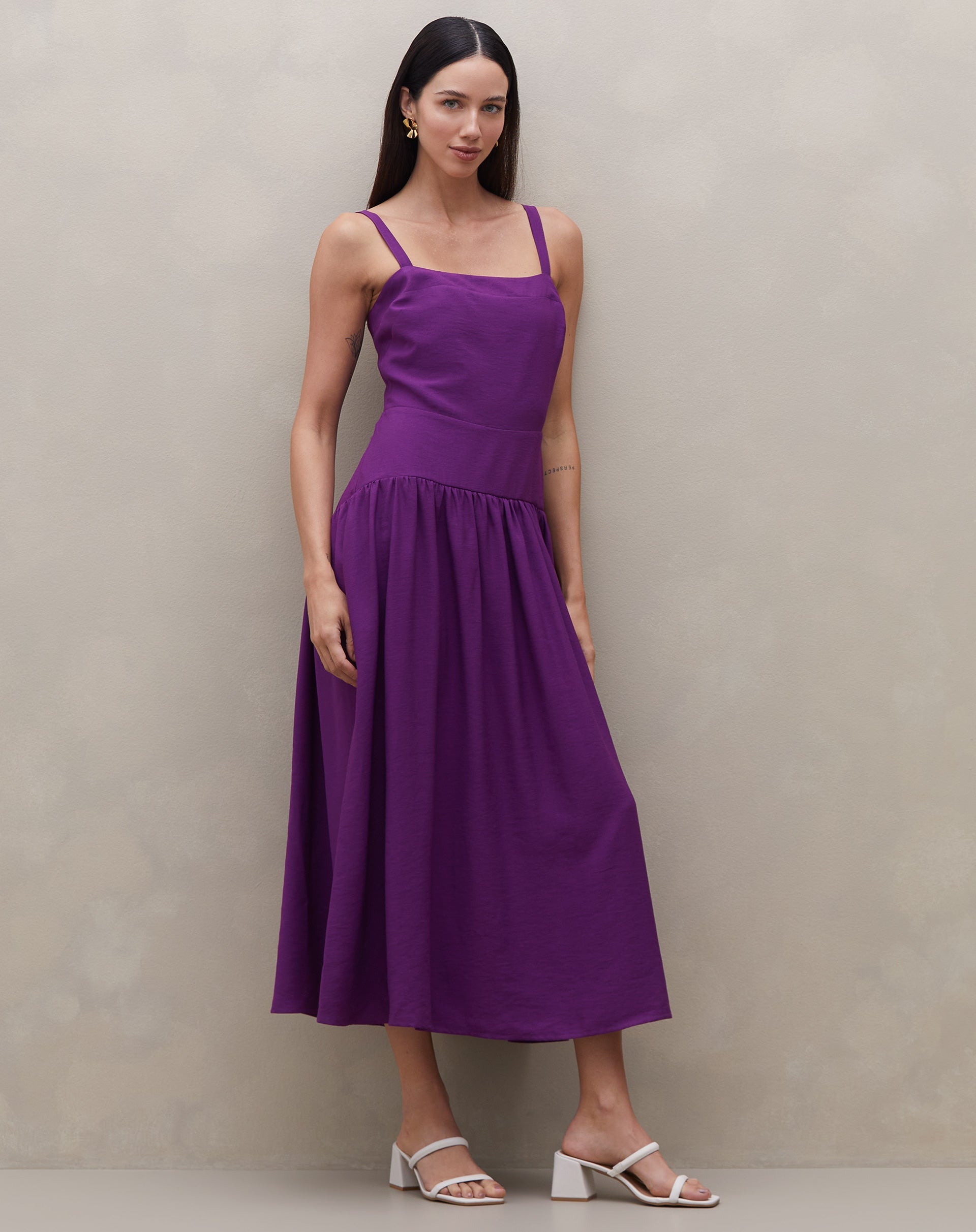 Vestido Midi de Alça com Saia Franzida - Roxo