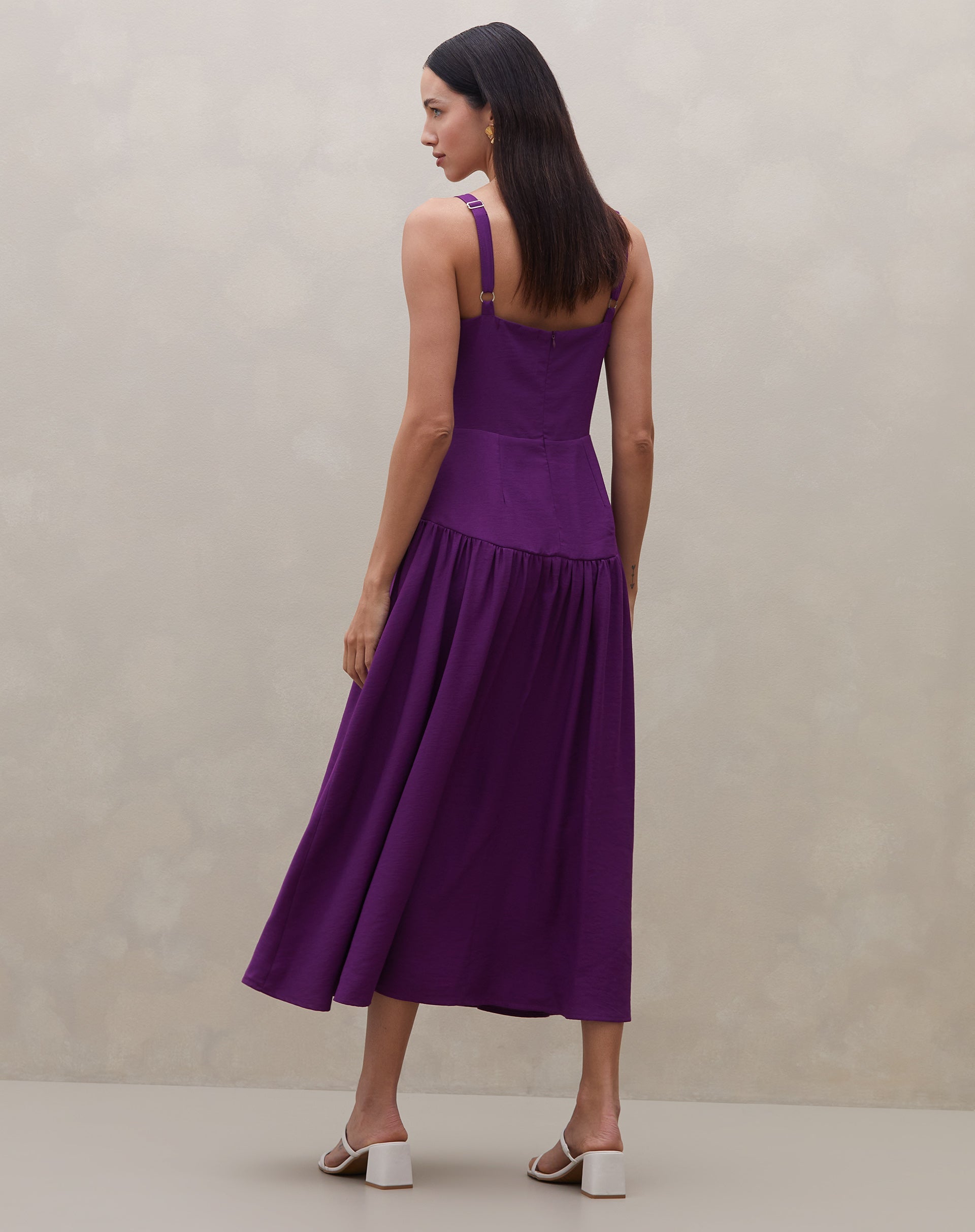 Vestido Midi de Alça com Saia Franzida - Roxo