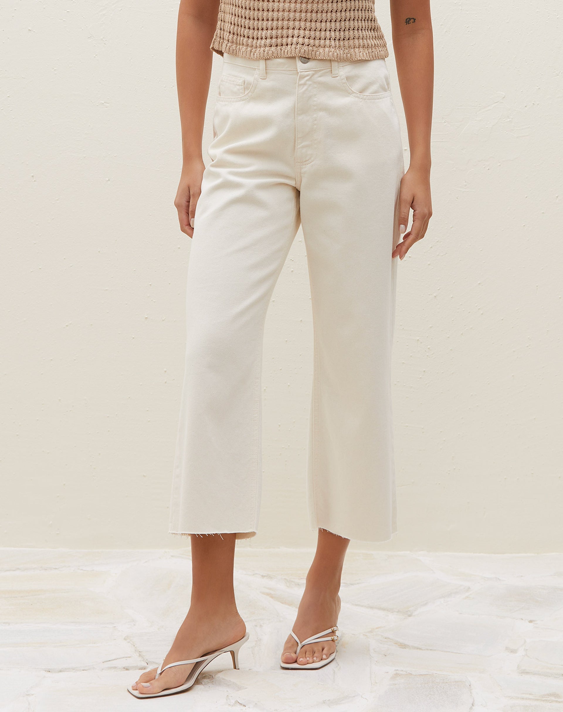 Calça Sarja Wide Cropped  - Off-white