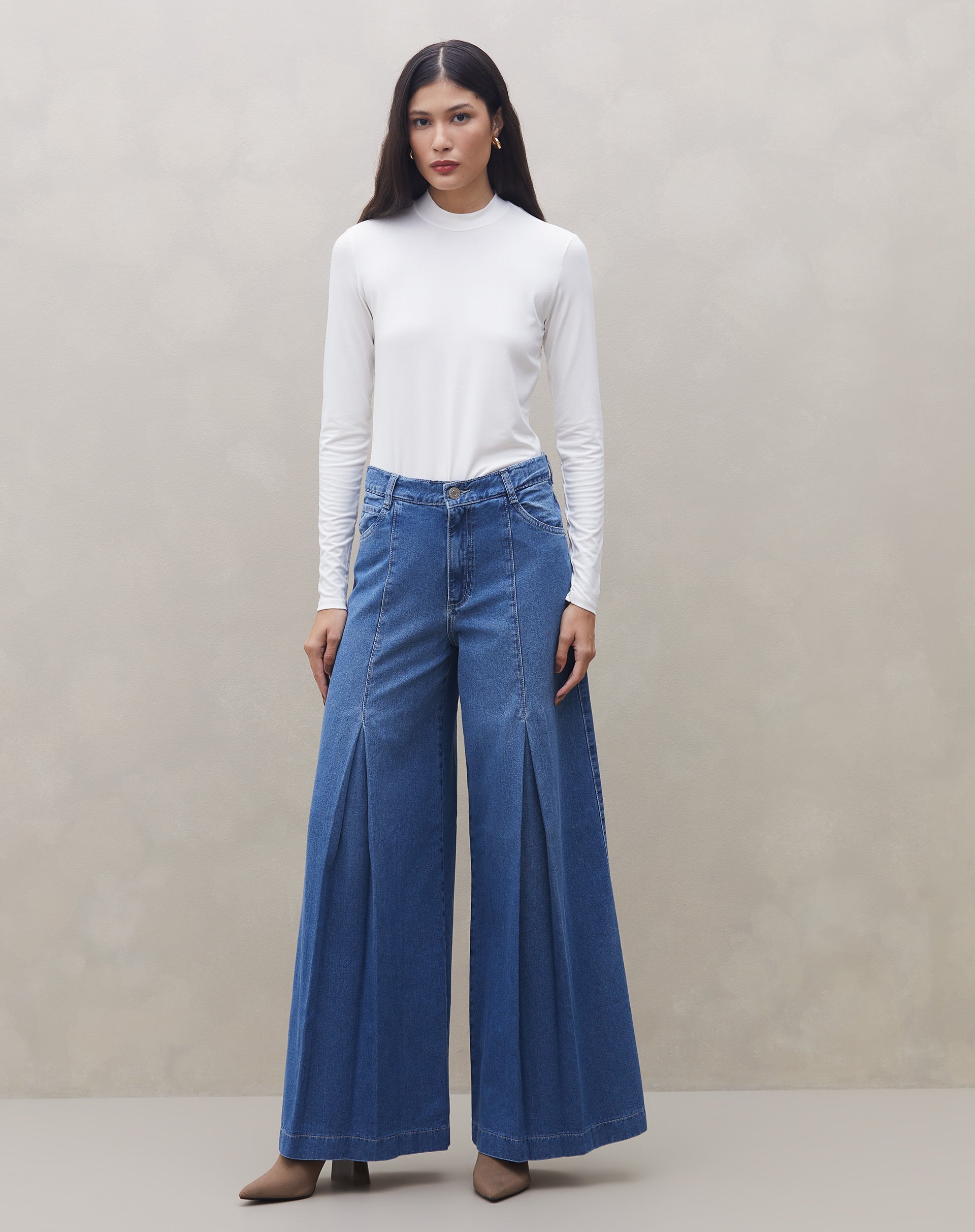 Calça com Prega Jeans Wide  - Azul Médio