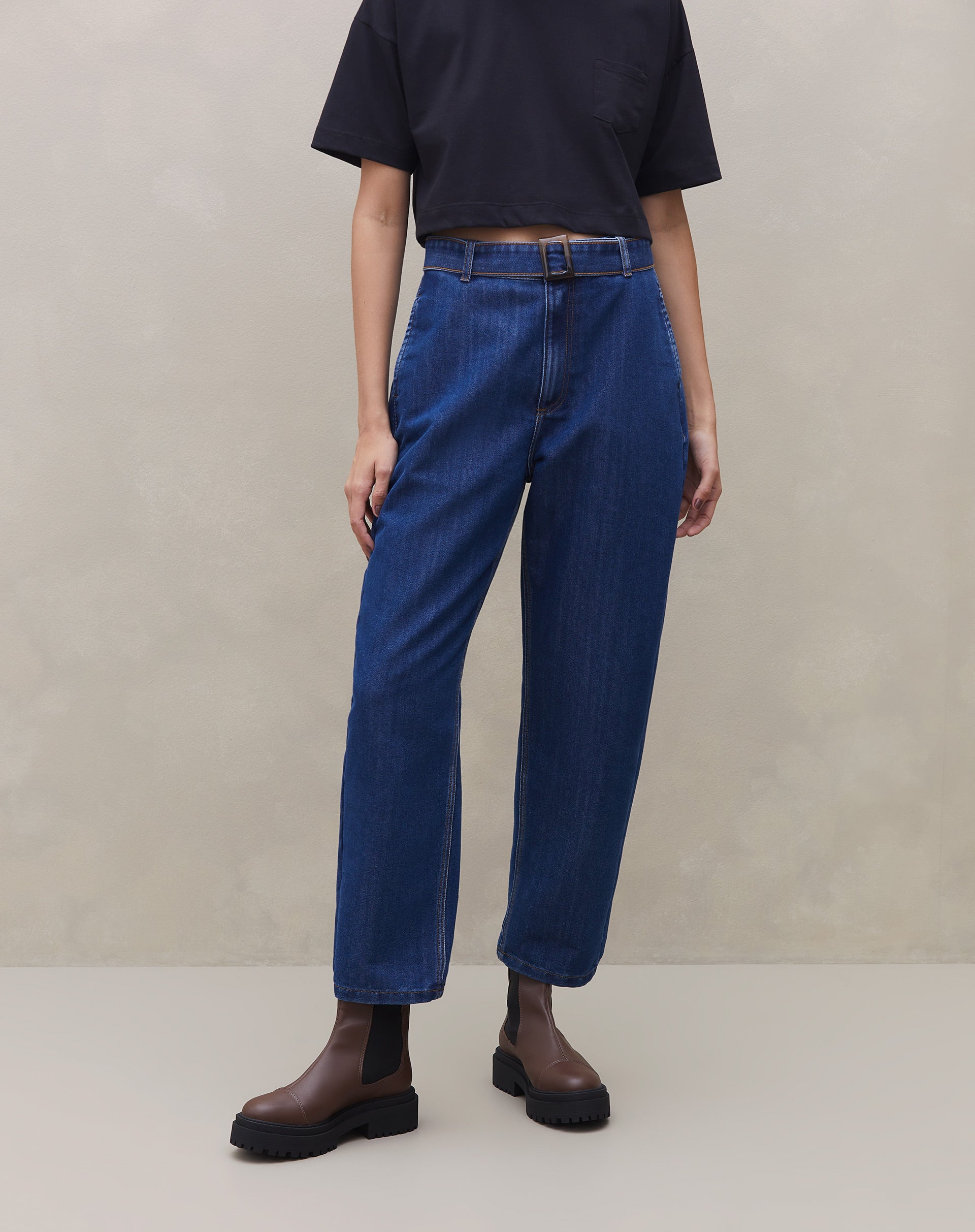 Calça Reta com Cinto Jeans - Azul Escuro