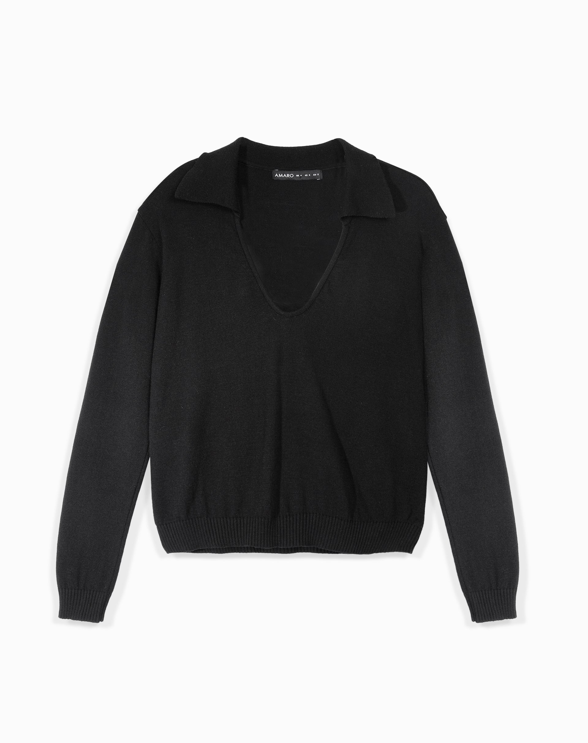 Blusa de Tricot Decote Profundo com Gola - Preto