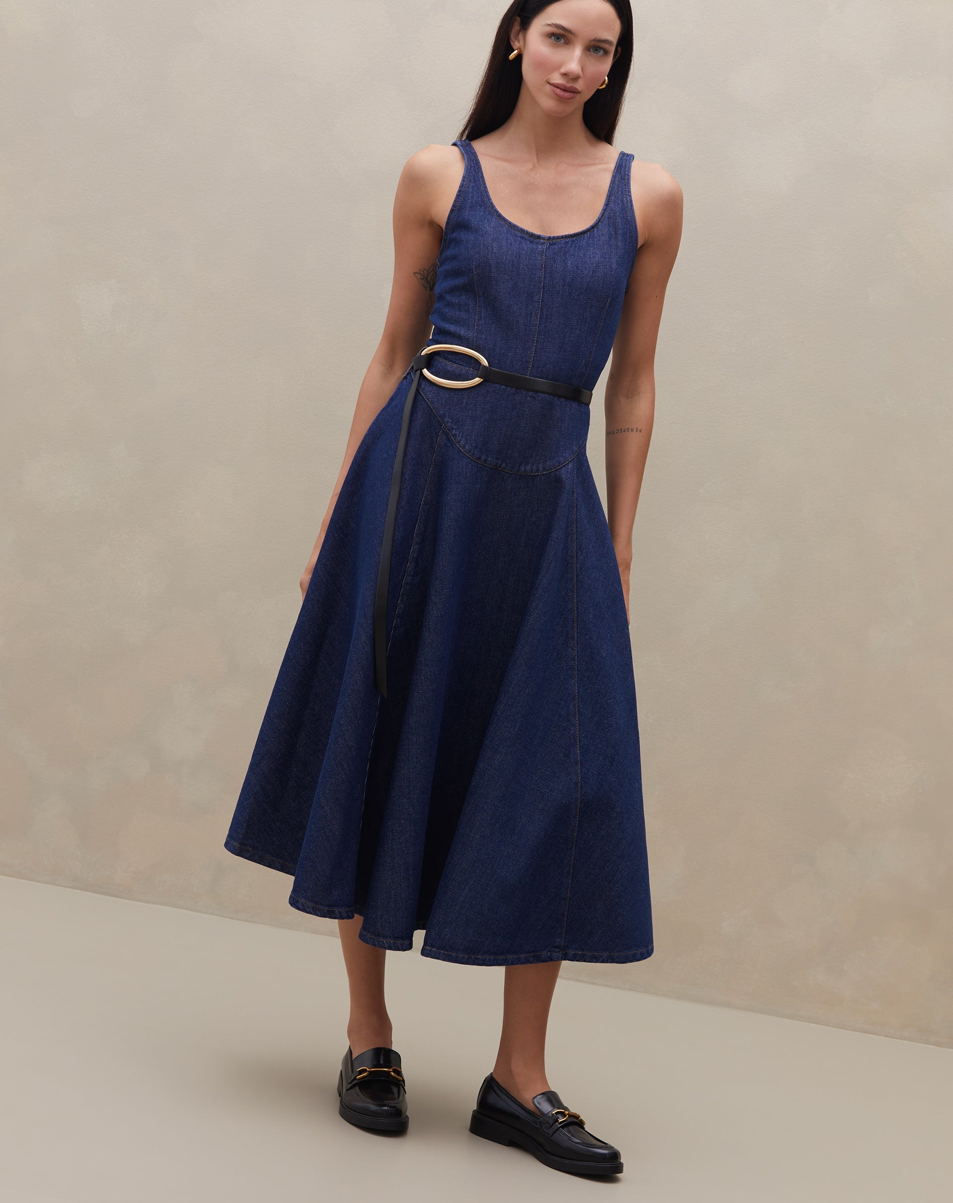 Vestido Midi Pespontado Jeans - Azul Escuro