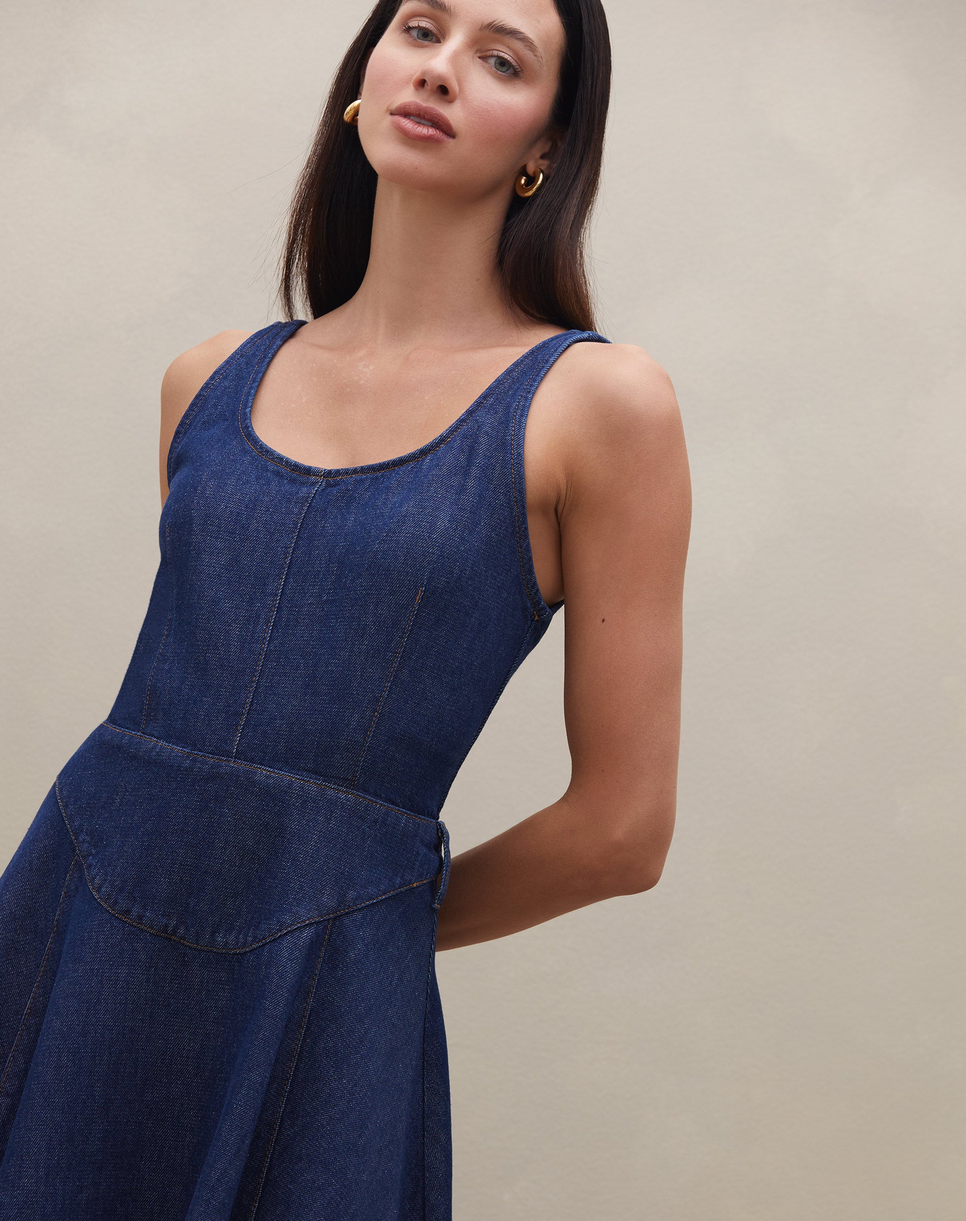 Vestido Midi Pespontado Jeans - Azul Escuro