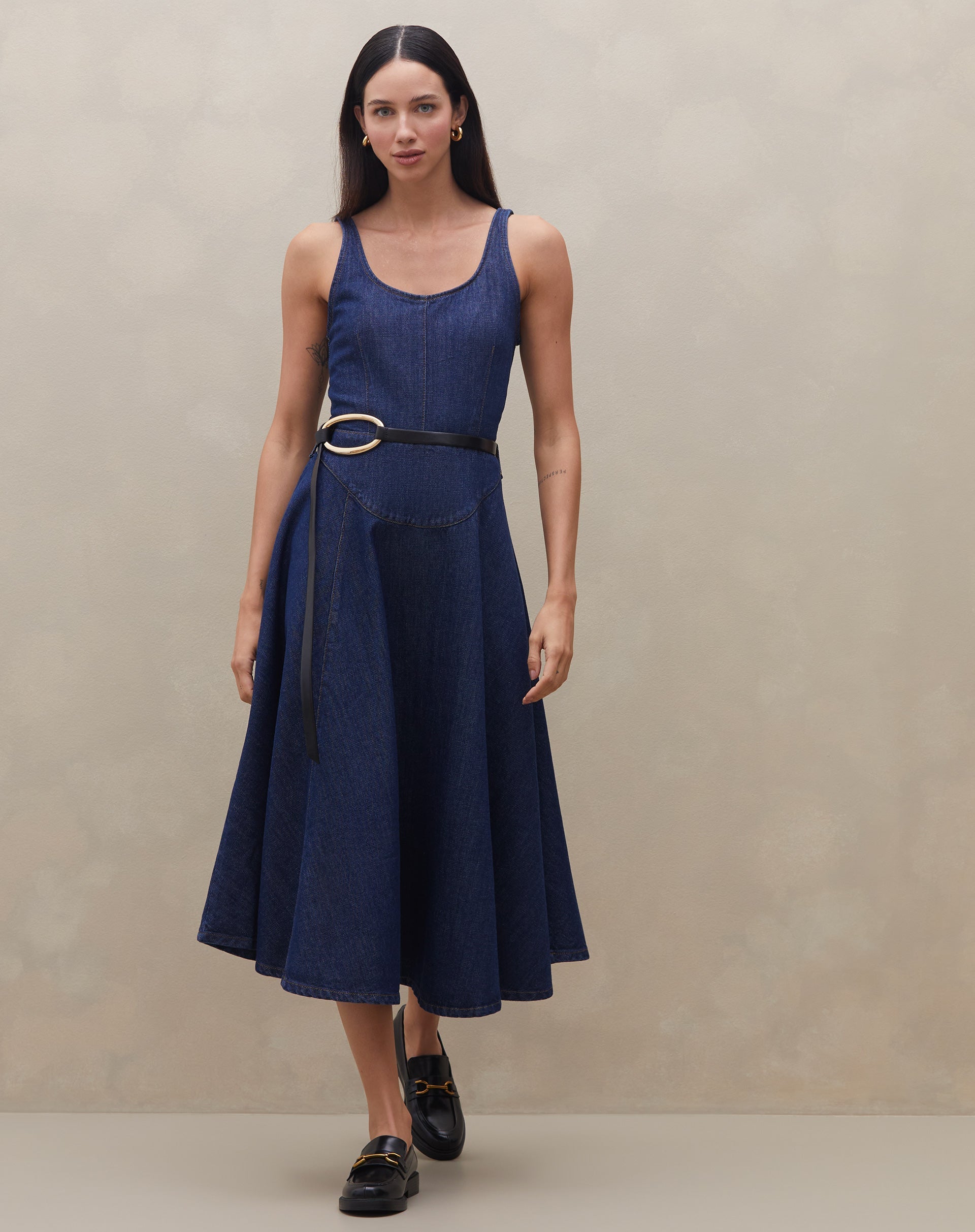 Vestido Midi Pespontado Jeans - Azul Escuro