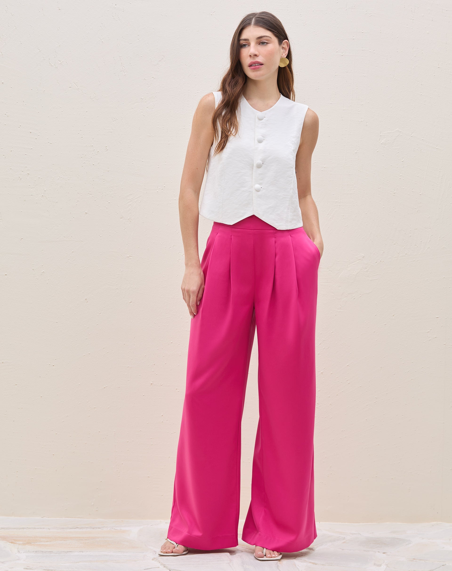 Calça Wide Leg com Pregas Alfaiataria - Rosa Escuro