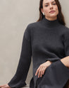Suéter de Tricot Canelado com Punho Virado - Cinza Escuro